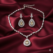 925 Sterling Silver Yellow Pendant Necklace with Earring Set Studded With Cubic Zircons